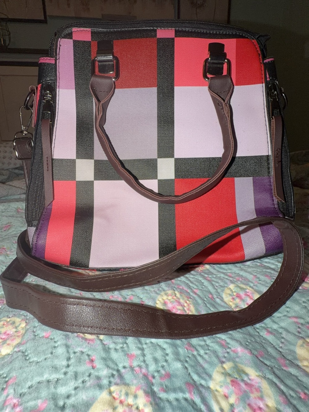 Plaid Colorblock Satchel Handbag in Pink, Red & Purple